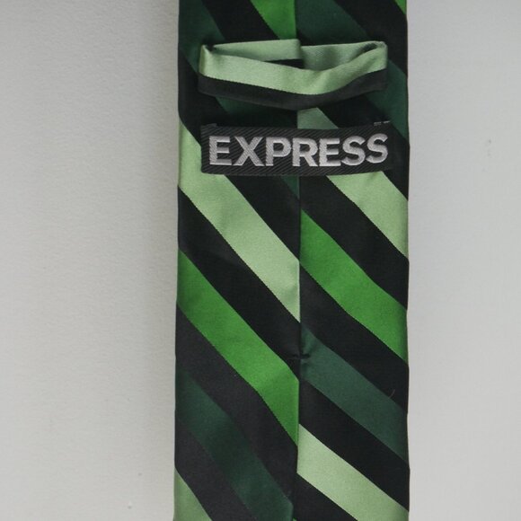 Express Mens Necktie Tie 100% Silk Green Black Diagonal Stripe - Picture 5 of 10